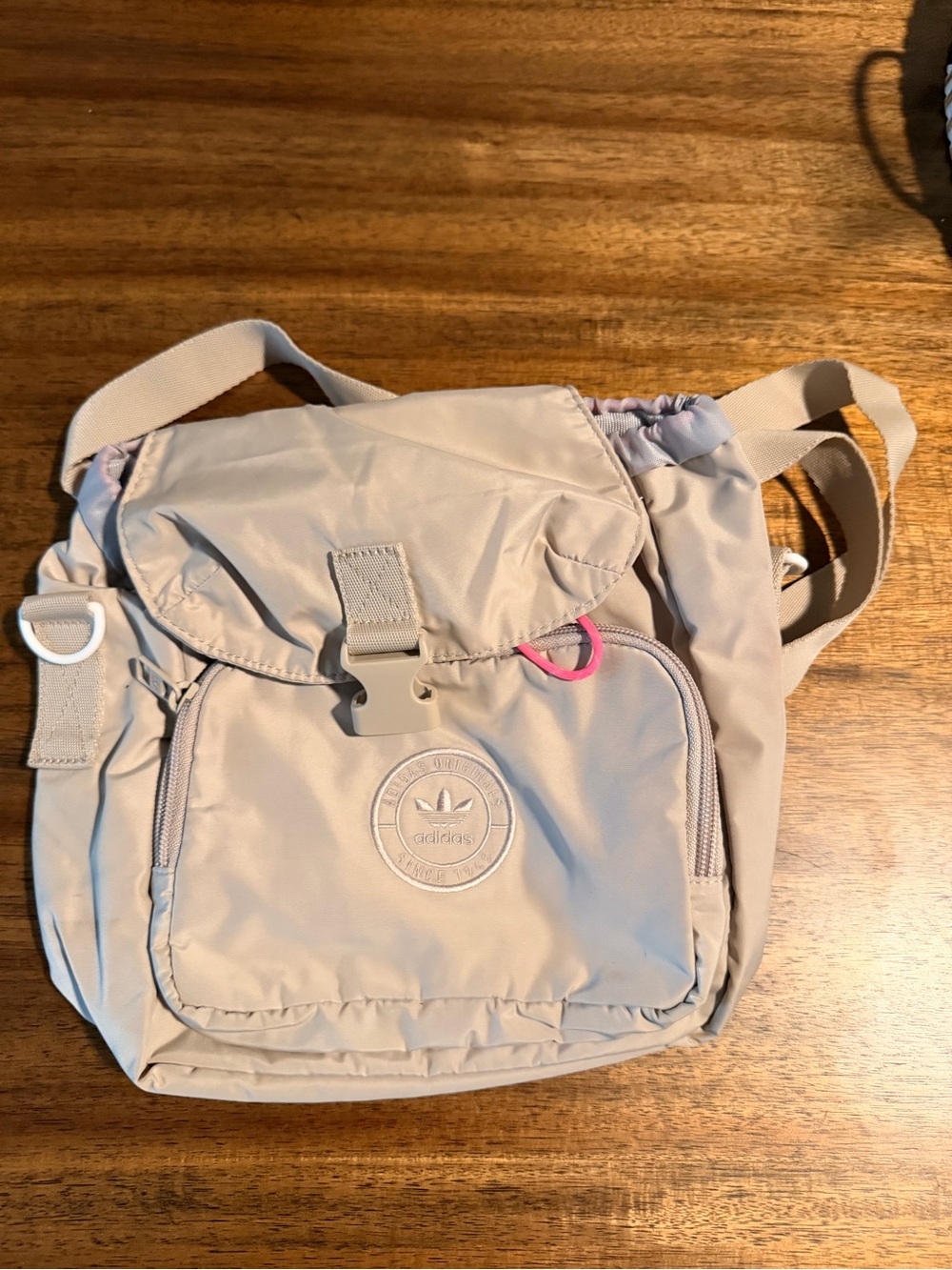 adidas Originals Mini Light Beige Crossbody Backpack with Pink Accent